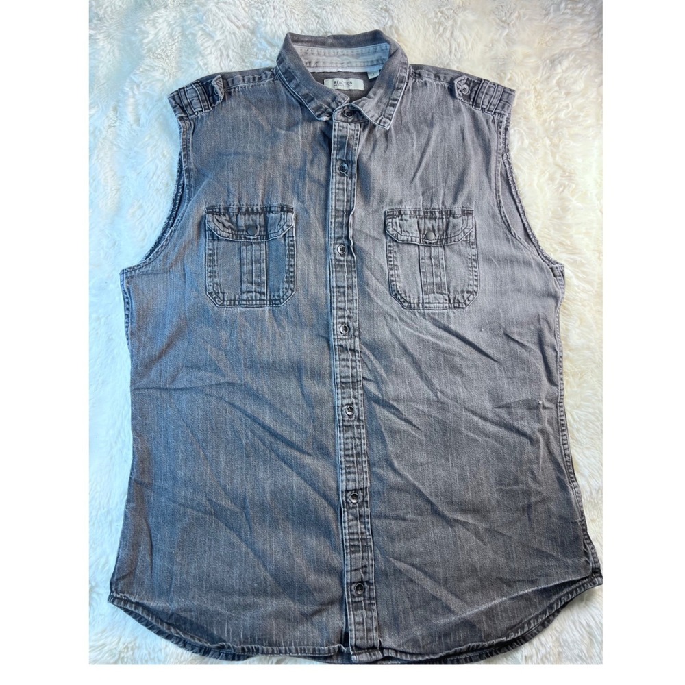 Kenneth Cole Reaction Mens Gray Sleeveless Denim Shirt Button Up Sz L A21